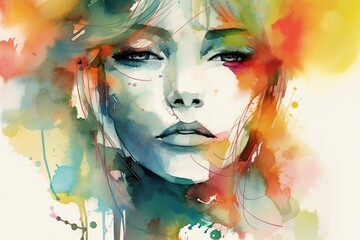 Abstract watercolor illustration of a woman's face. Beautiful young woman model, facial portrait. Glamorous girl fashion illustration. Stylish art sketch of female character. Beauty and style banner. © OlyaOk
