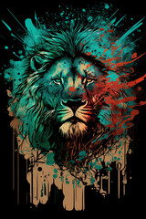 Fantasy abstract badass lion portrait painting with a colorful for T-shirt design.