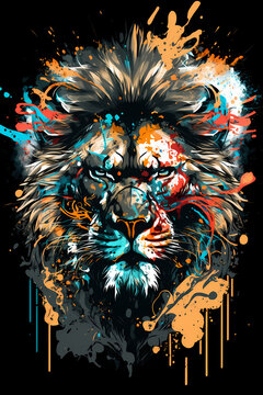 Fantasy abstract badass lion portrait painting with a colorful for T-shirt design.