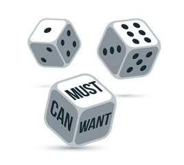 Can want and must vector business concept with rolling dices, motivation and plan.