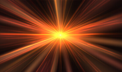 Sunshine and light speed effect. Background with sun glare or burst of light with rays. Daylight and shining luminescence explosion. Vector illustration