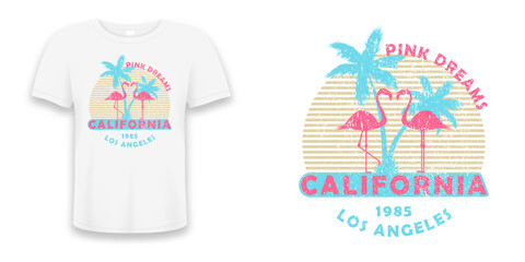 California, Los Angeles t-shirt design with flamingo and palm trees. Graphics for design clothes with grunge and slogan. T shirt print with tropical palm tree and pink flamingo birds. Vector. © Roman