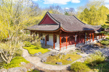 Chinese garden with temple in the hortus botanicus of Haren, Netherlands