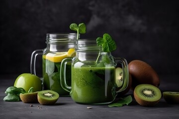 a variety of fruits and smoothies are arranged on a table with a dark background