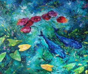 Fototapeta na wymiar A pair of fish with lily flowers in the pond.Abstract art.Painting fish in the lake. Oil on canvas