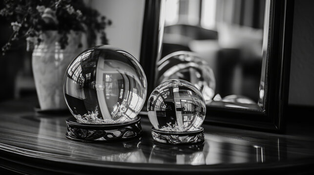 two wedding rings on a table with glass ball, black and white image, wedding. Generative AI Art Illustration
