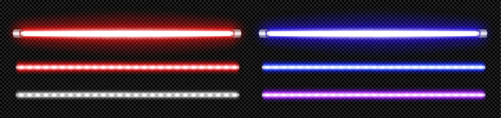 Isolated neon led lamp tube line with blue glow vector on transparent background. Realistic 3d light laser stripe bulb in red and purple color set. Flash lazer shine at night illustration collection. © klyaksun