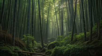 Obraz premium Path through dense bamboo forest, leading to famous Waimoku Falls. Generative Ai.