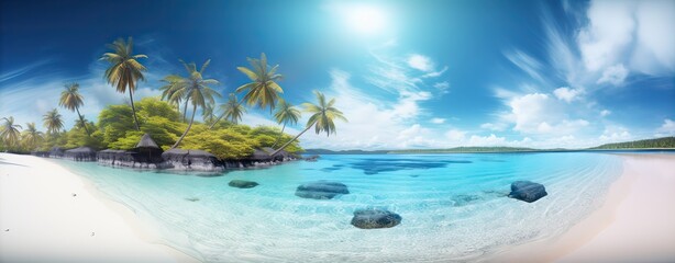 Fototapeta na wymiar tropical paradise beach with white sand and coco palms travel tourism wide panorama background concept. Generative Ai.