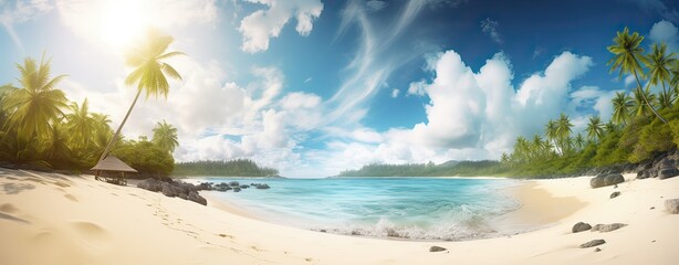 tropical paradise beach with white sand and coco palms travel tourism wide panorama background concept. Generative Ai.