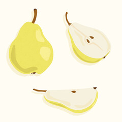 Pear whole, cut in half and into slices. Vector icons on the theme of food. Summer fruits.