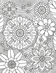 Coloring pages for children and adults.Blooming garden illustration hand drawing.  