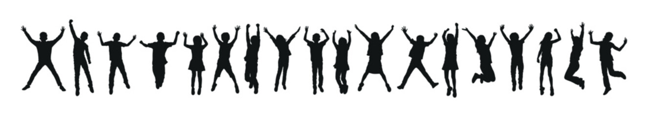 Fototapeta na wymiar Kids jumping together with hands up vector silhouette set.