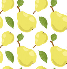 Juicy yellow pears with leaves. Seamless pattern in vector. Suitable for print and background.