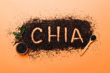 chia word made from chia seeds top view on colored background. Healthy superfood