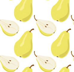 Ripe yellow pears whole and halves. Seamless pattern in vector. Suitable for print and background.