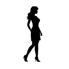 Fototapeta na wymiar silhouette people of a slim young casual woman full length profile standing, black color isolated on transparent png background Generative ai