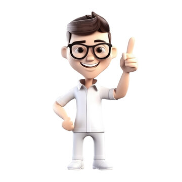 3D icon people kawaii cartoon of a smiling man points with index finger. Bright portrait of a teenage character isolated background transparent png. Generative ai
