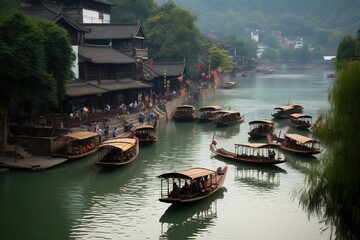 Fototapeta premium Traditional Chinese boats float on the river against the backdrop of nature, green mountains, village. Dragon Boat Festival. Travel Concept, World, China. generative ai.