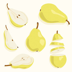 Ripe green pear. Pear whole and cut into pieces. Set of vector icons on the theme of food. Useful fruits.