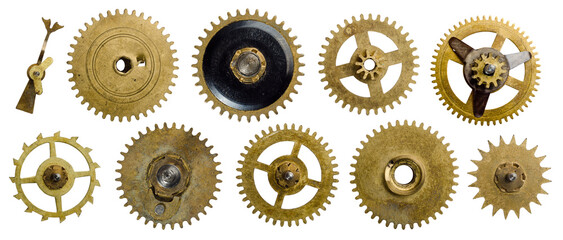 Brass clockwork clock parts - Isolated on white. Gear, cog, cogwheels, dial set collection.