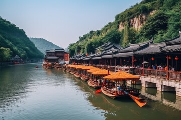 Traditional Chinese boats float on the river against the backdrop of nature, green mountains, village. Dragon Boat Festival. Travel Concept, World, China. generative ai.