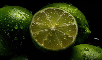 Fototapeta na wymiar Limes with water drops on a dark background, Generative AI