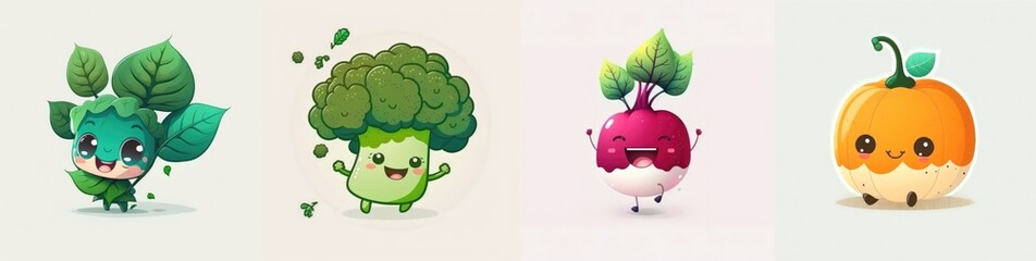 Happy smiling cartoon characters package set, funny cute kawaii vegetables mix stickers personages icons pack collection on color background, healthy organic diet food concept. AI generative.