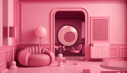Pink living room interior design. Home background furniture 3d rendering of architecture modern house wall. Generative Ai.