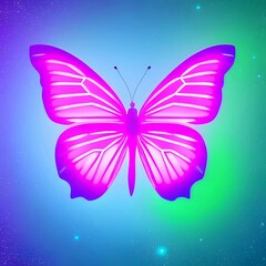 Pink and purple color butterfly with green and blue gradient background. Digital art on gradient colors with glowing dots effect.