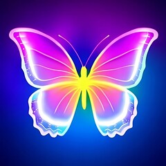 Glowing colorful butterfly with blue gradient background. Neon pink, blue, white and purple lighting futuristic butterfly wings.