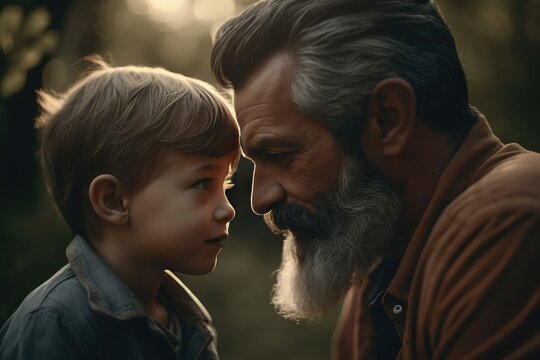 Father's day. Dad with child, Happy time with family, Celebrate a birthday. Good relationship between parent and kids. Generation, age, nostalgia. Smile love, enjoy, laugh. Fathers day. Generative AI.