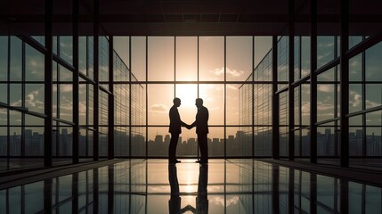 silhouettes two businessmen handshake in cooperation agreement concept at office and successful business partner. business man shaking hands to seal a deal with his partner. Generative Ai.