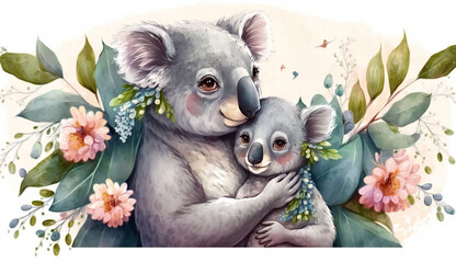 Naklejka premium Süße Koalas Mutter und Kind, Illustration AI Generative