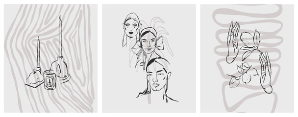 Hand drawn vector abstract graphic line art simple,contemporary collection set with boho feminine aesthetics.,woman portraits.Fashion feminine concept design for wall decor,print,wallpaper,background.