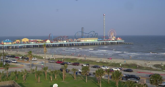 Drone view of Galveston beach on a sunny day