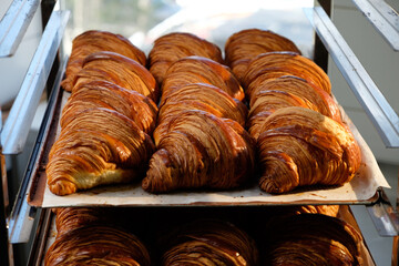 Close up shoot of freshly baked croissants are in tray after leaving the oven for customers on breakfast in a commercial kitchen