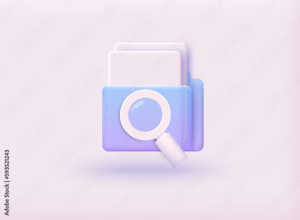 Poster folder with magnifying glass and files. 3d web vector illustrations.