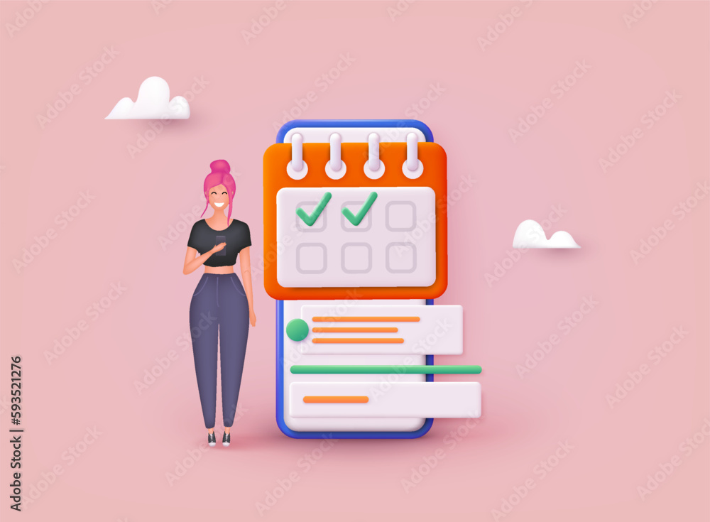 Poster woman planning work tasks, filling check list, making schedule using calendar. business and organiza