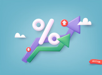 Percent sign with green up arrow. Business or startup success. 3D Web Vector Illustrations.