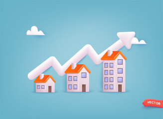 Housing price rising up, real estate or property growth concept. Real estate transaction and rising of property value. 3D Web Vector Illustrations.