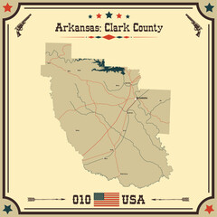 Large and accurate map of Clark County, Arkansas, USA with vintage colors.