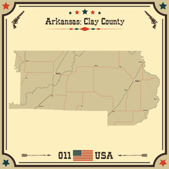 Large and accurate map of Clay County, Arkansas, USA with vintage colors.