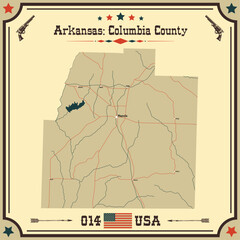 Large and accurate map of Columbia County, Arkansas, USA with vintage colors.