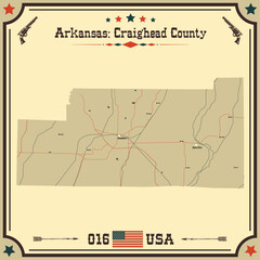 Large and accurate map of Craighead County, Arkansas, USA with vintage colors.