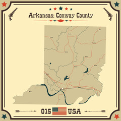 Large and accurate map of Conway County, Arkansas, USA with vintage colors.