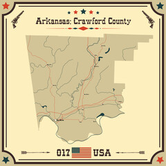 Large and accurate map of Crawford County, Arkansas, USA with vintage colors.