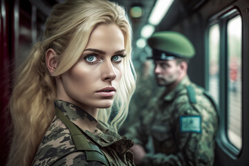 Fototapeta premium Blonde warrior on a mission: Military service on the move, ai generative