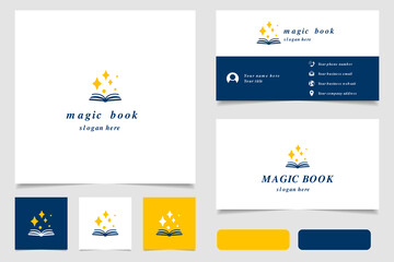 Magic book logo design with editable slogan. Branding book and business card template.