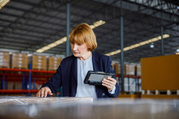 Mature manager with tablet PC examining stock in warehouse